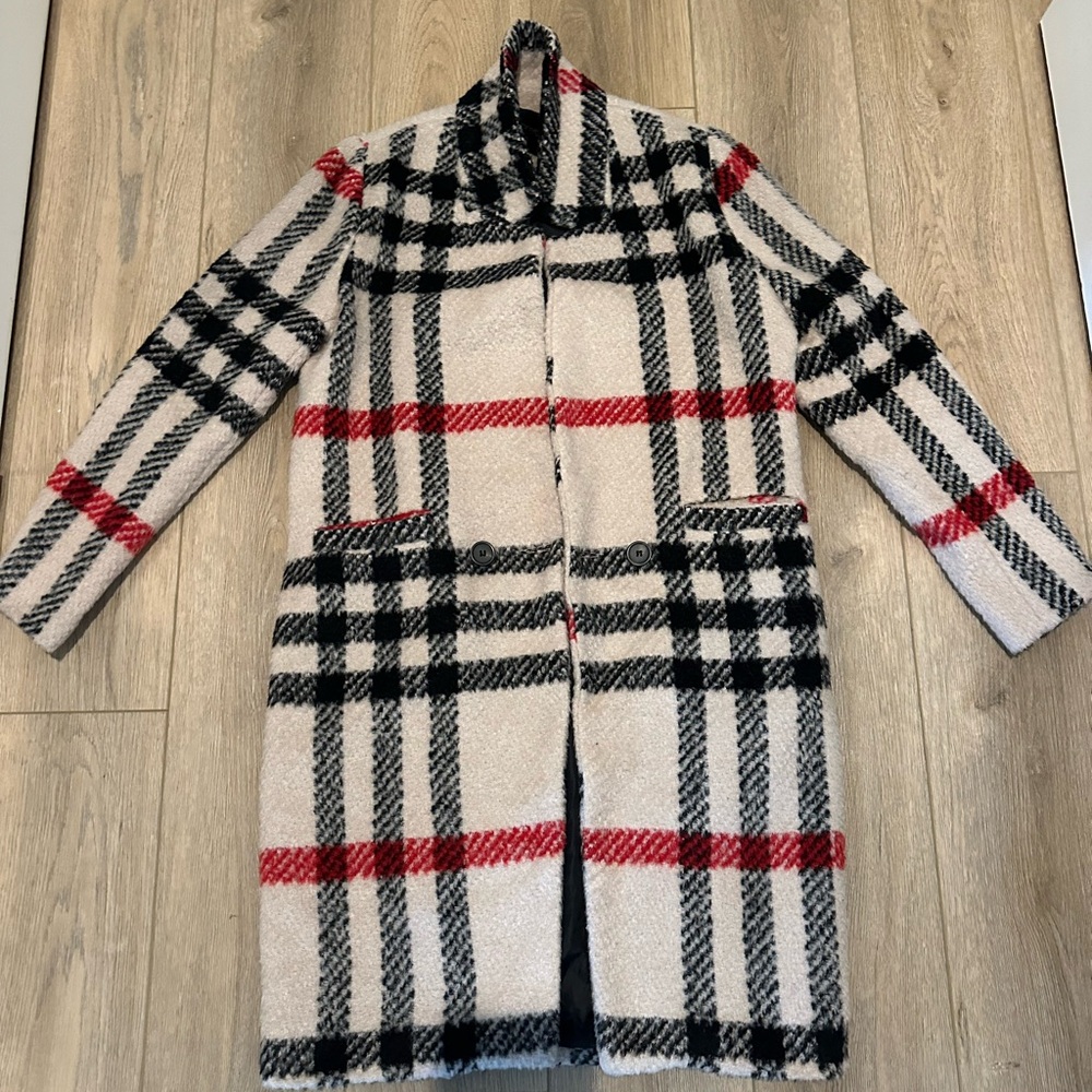 Storets Blair Eadie Baige Red Plaid Trench Wool Coat